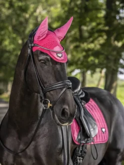 LeMieux Loire Satin Fly Hood Watermelon -PREMIER EQUINE lmn loiredressage watermelon2 hr
